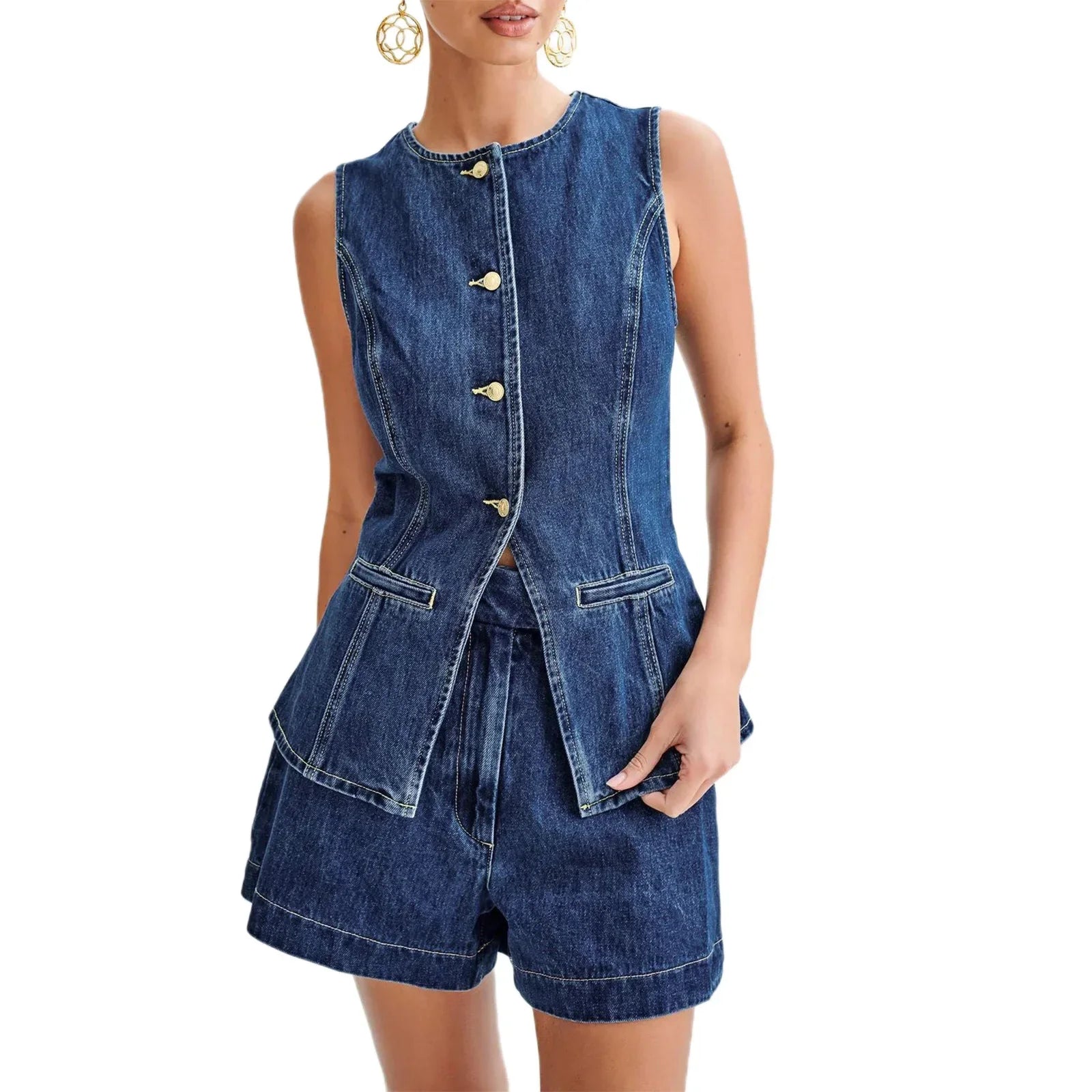Women’s Y2K Retro Denim Long Vest with Pockets and Shorts