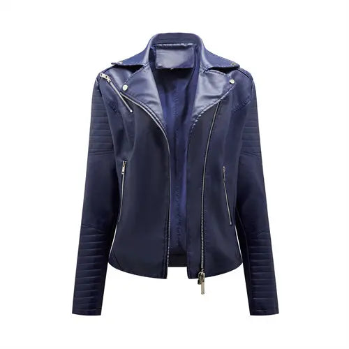 Women's Faux Leather Zipper Jacket with Front Pocket