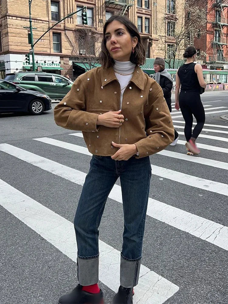 Women's Cropped Suede Jacket - Studded Design - Zip Closure - Point Collar