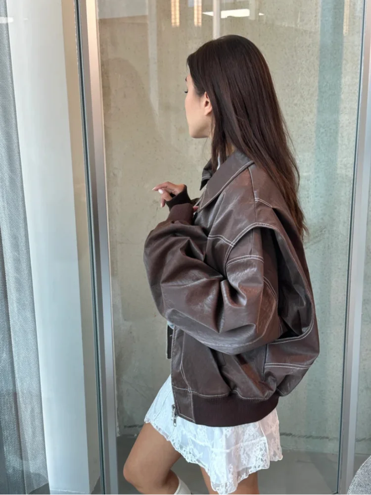 Women's Retro Lapel Casual Zipper PU Leather Jacket