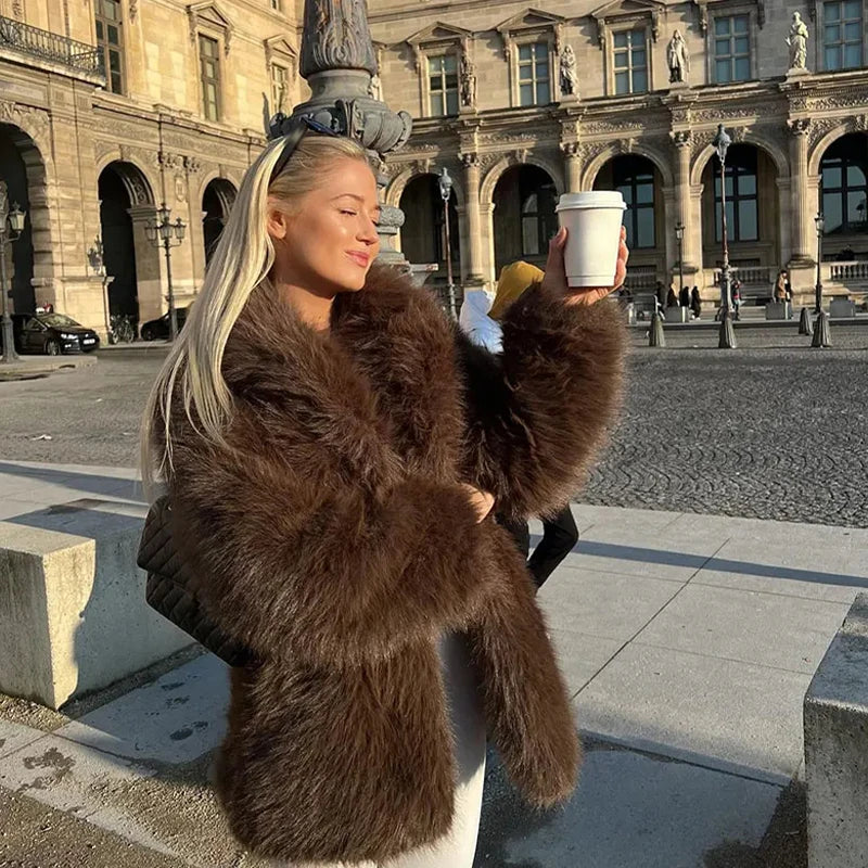 Women's Long Sleeve Faux Fur Coat with Buttons - Thick Warm Turn-Down Collar Fur Jacket