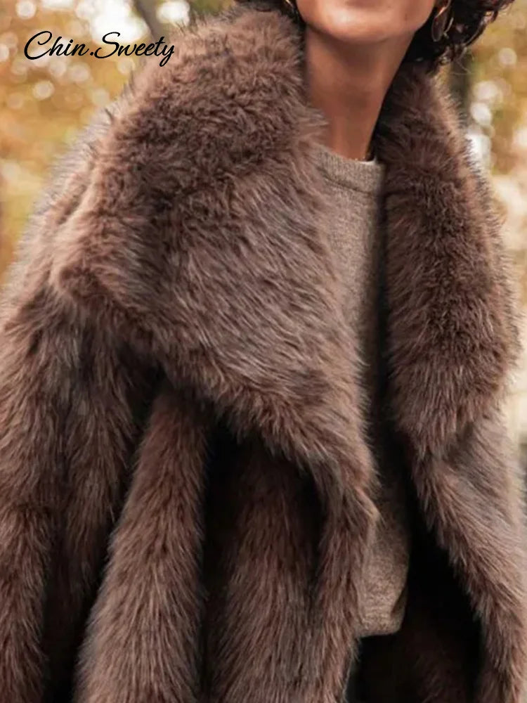 Women's Long Sleeve Faux Fur Coat with Buttons - Thick Warm Turn-Down Collar Fur Jacket