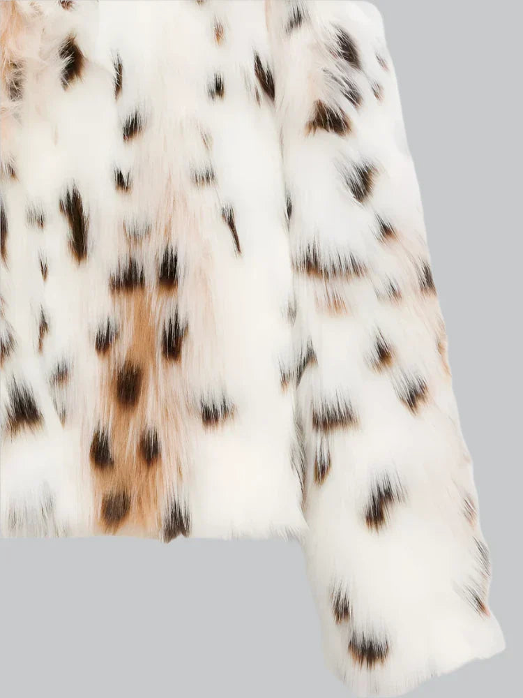 Women's Faux Fur Jacket - Animal Print - High Collar - Cropped Length - Relaxed Fit