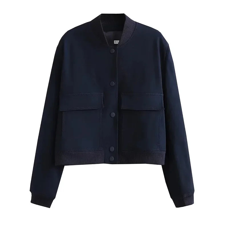Women's Cropped Bomber Jacket - Button-Up Outerwear with Long Sleeves