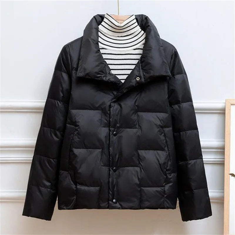 Women's Puffer Jacket - Quilted Insulation - Wide Collar - Snap Button Closure