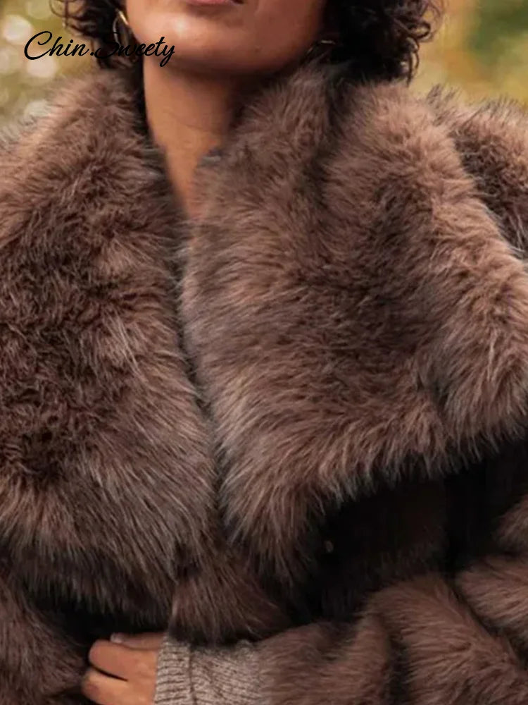 Women's Long Sleeve Faux Fur Coat with Buttons - Thick Warm Turn-Down Collar Fur Jacket