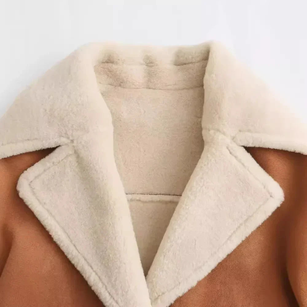 Women's Shearling Coat - Suede Finish - Notched Lapel - Button Front - Patch Pockets