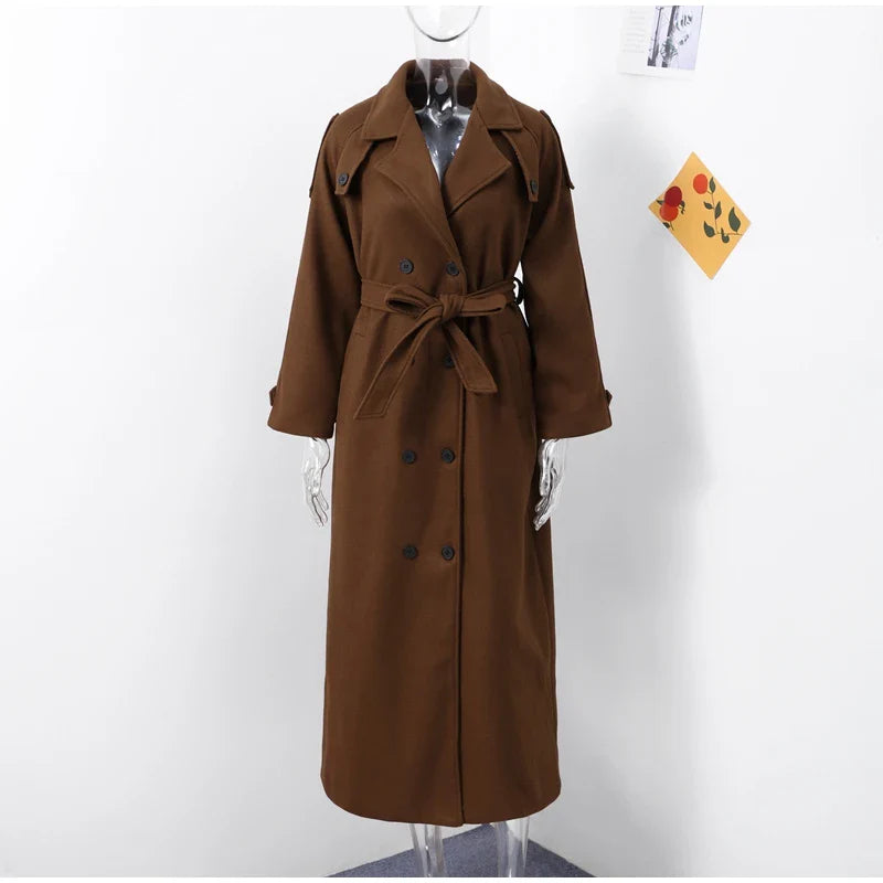 Women's Wool Overcoat with Belt - Elegant Street Style Lapel Design, Full Sleeve Long Coat