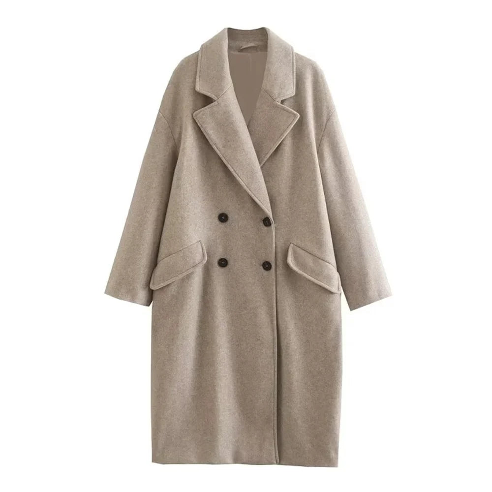 Women's Long Woollen Coat with Flip Collar and Button Closure