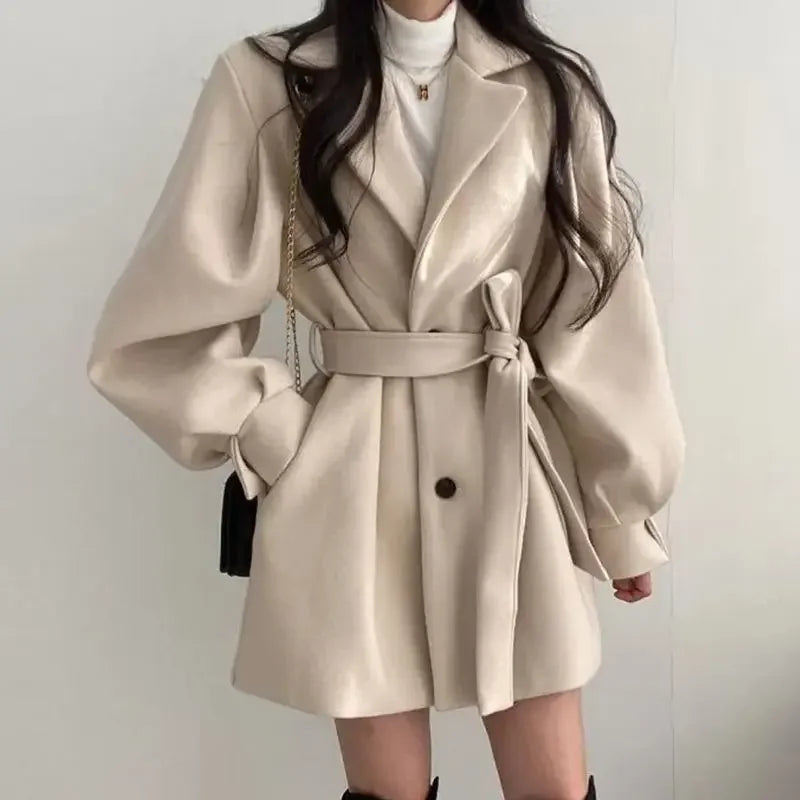 Women's Trench Coat - Oversized Fit - Wide Lapel - Belted Waist - Button Closure