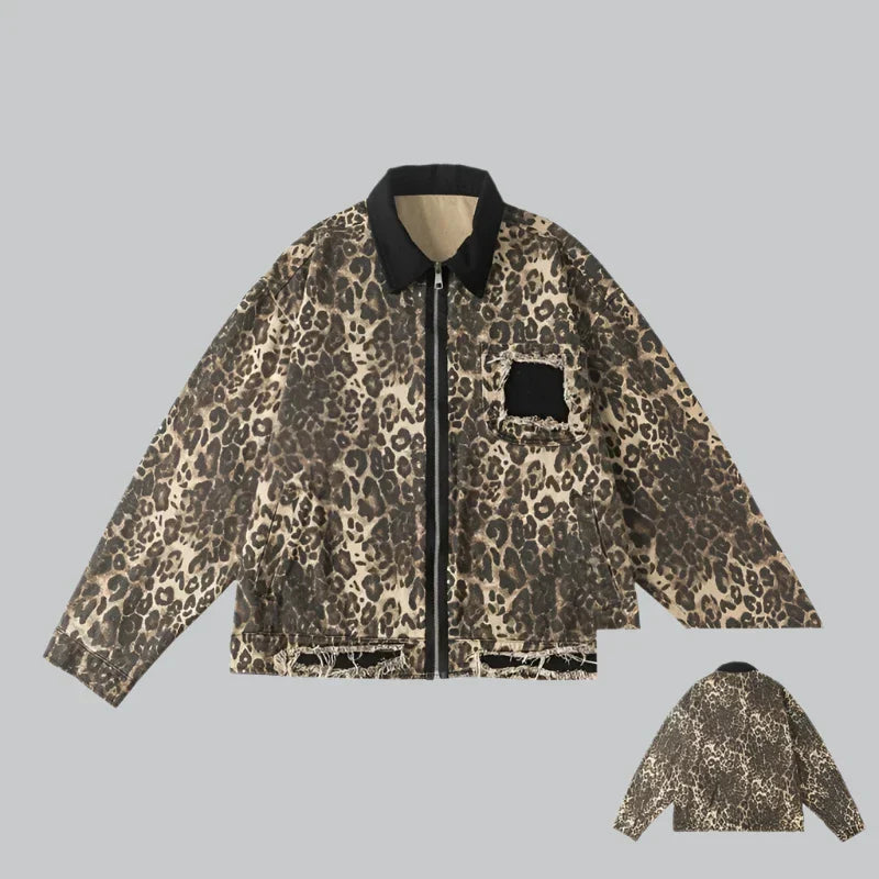 Retro leopard print washed denim jacket for women