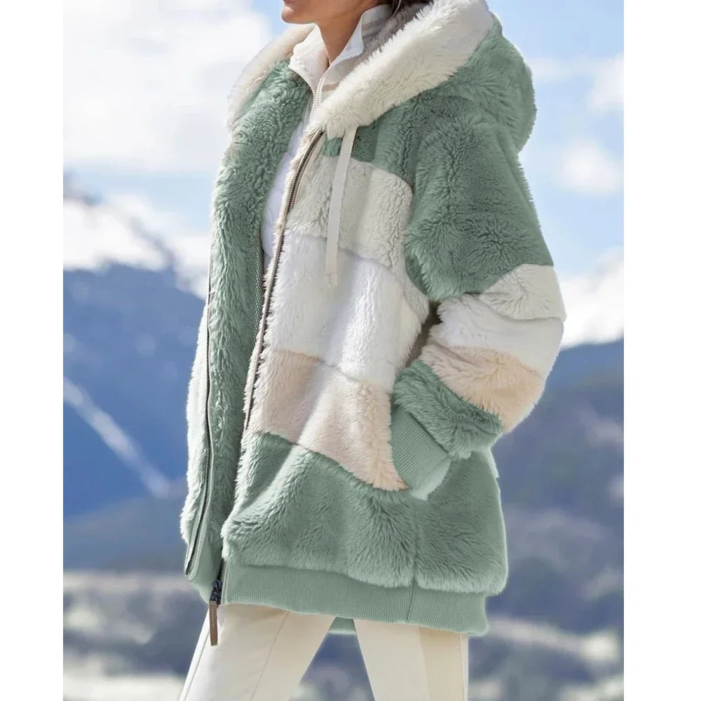 Oversized Hooded Plush Jacket for Women - Winter Outwear