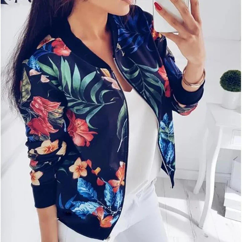 Women's Slim Floral Printed Zipper Jacket - Various Designs