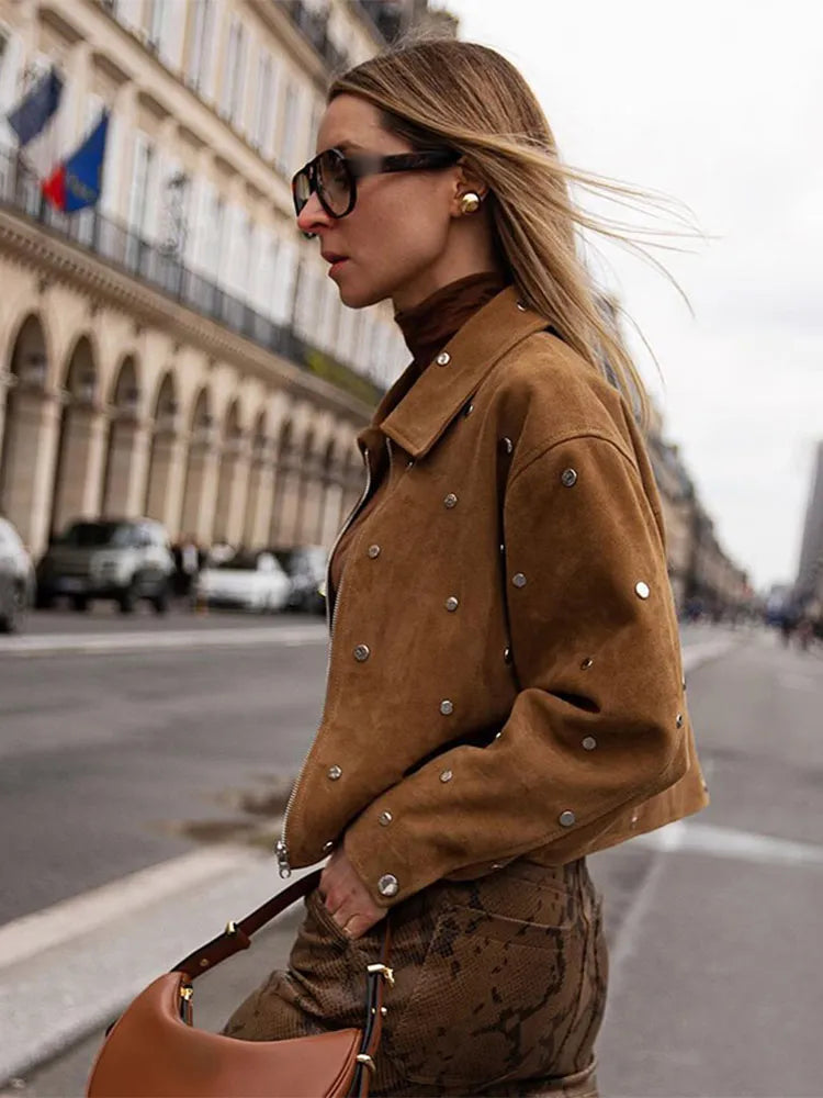 Women's Cropped Suede Jacket - Studded Design - Zip Closure - Point Collar