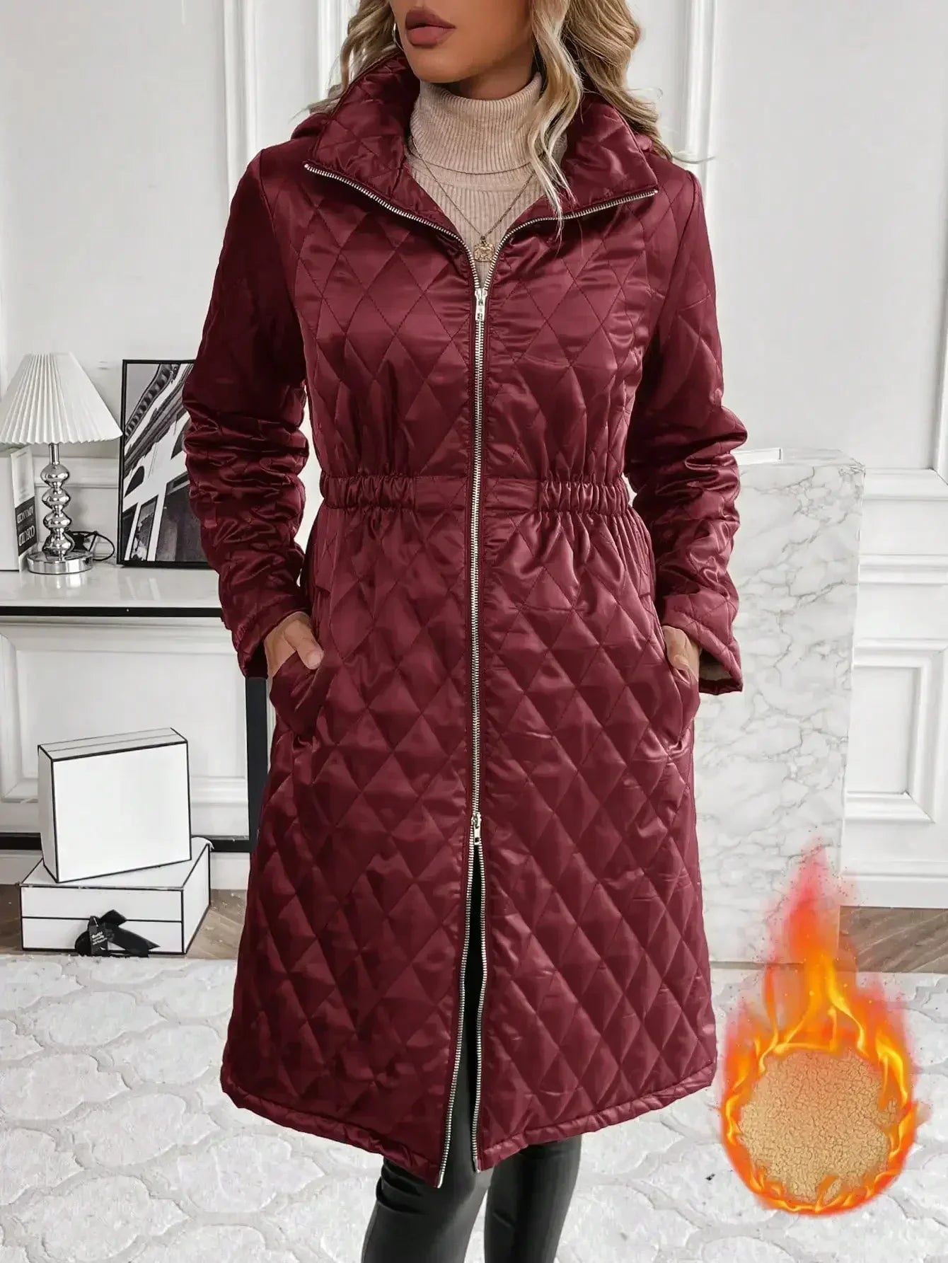 Women's Quilted Long Coat - Knee Length - Fitted Waist - Full Zip - Stand Collar