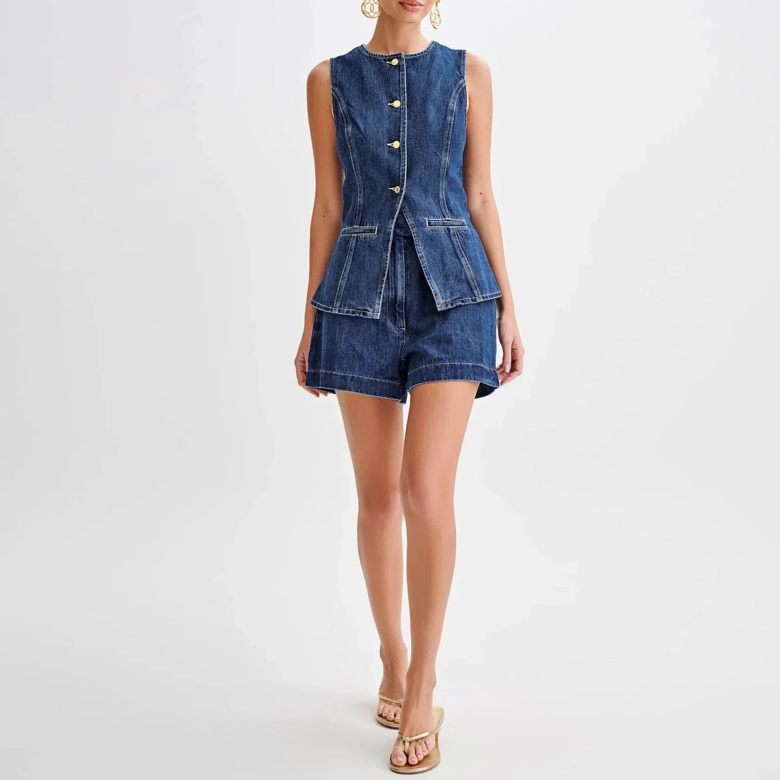 Women’s Y2K Retro Denim Long Vest with Pockets and Shorts