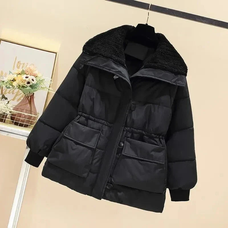 Women's Padded Parka Jacket - High Collar - Quilted Insulation - Button-Up - Adjustable Waist