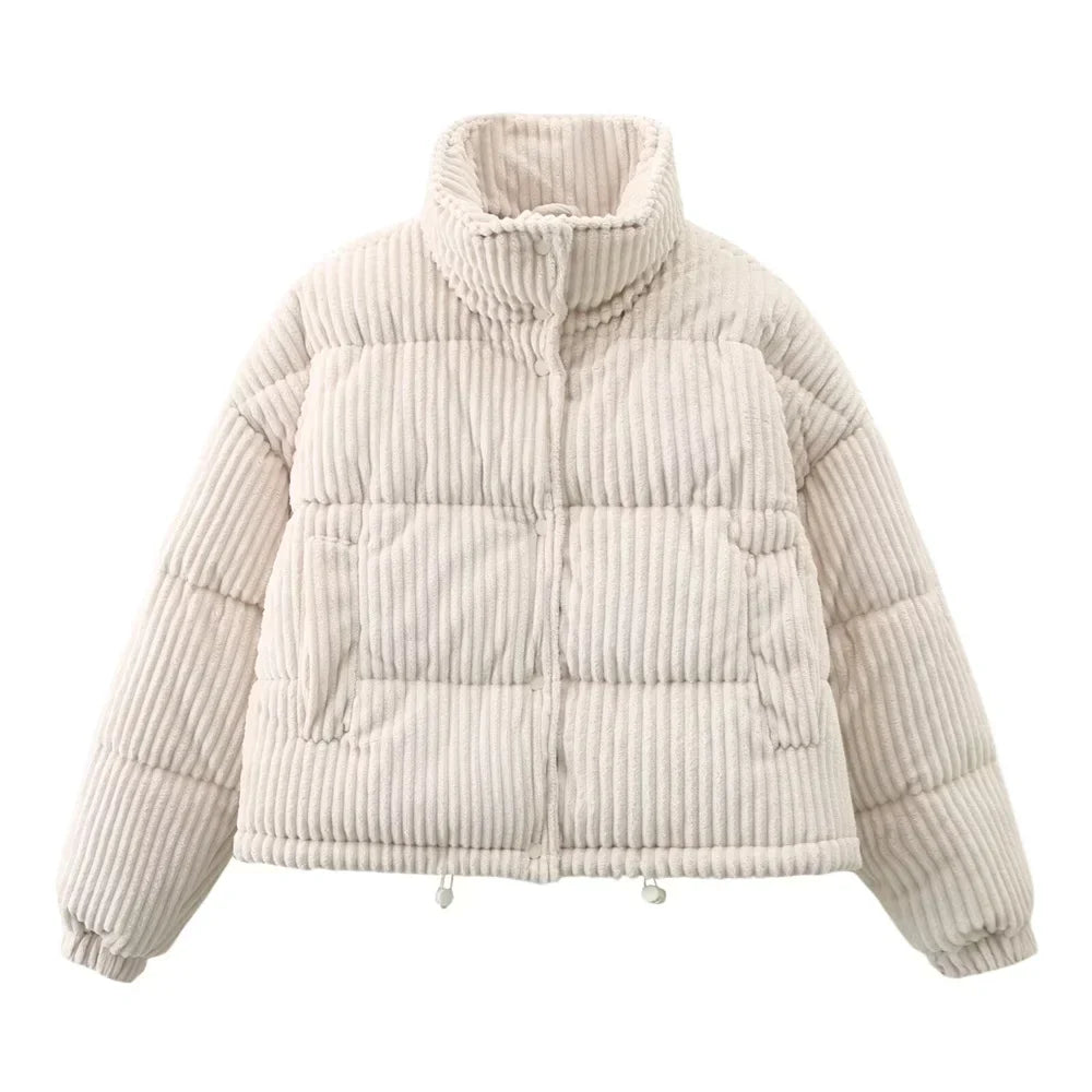Women's Corduroy Puffer Jacket - High Neck - Quilted Warm Insulated - Zip Closure