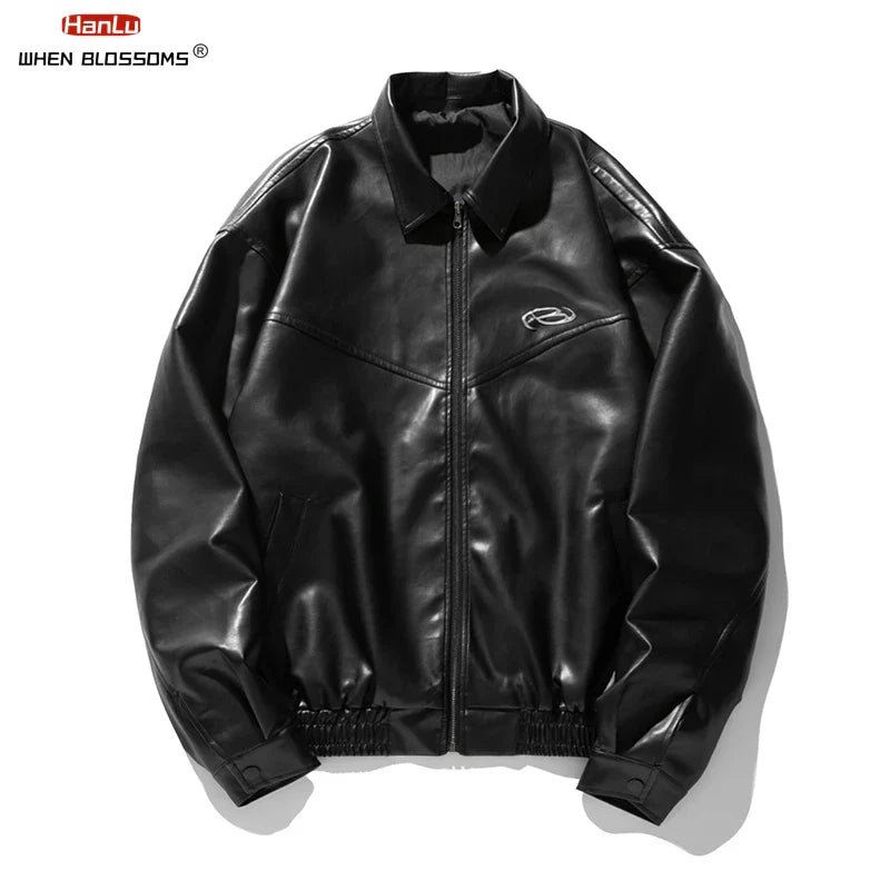 Unisex Black PU Leather Jacket with Metallic Print