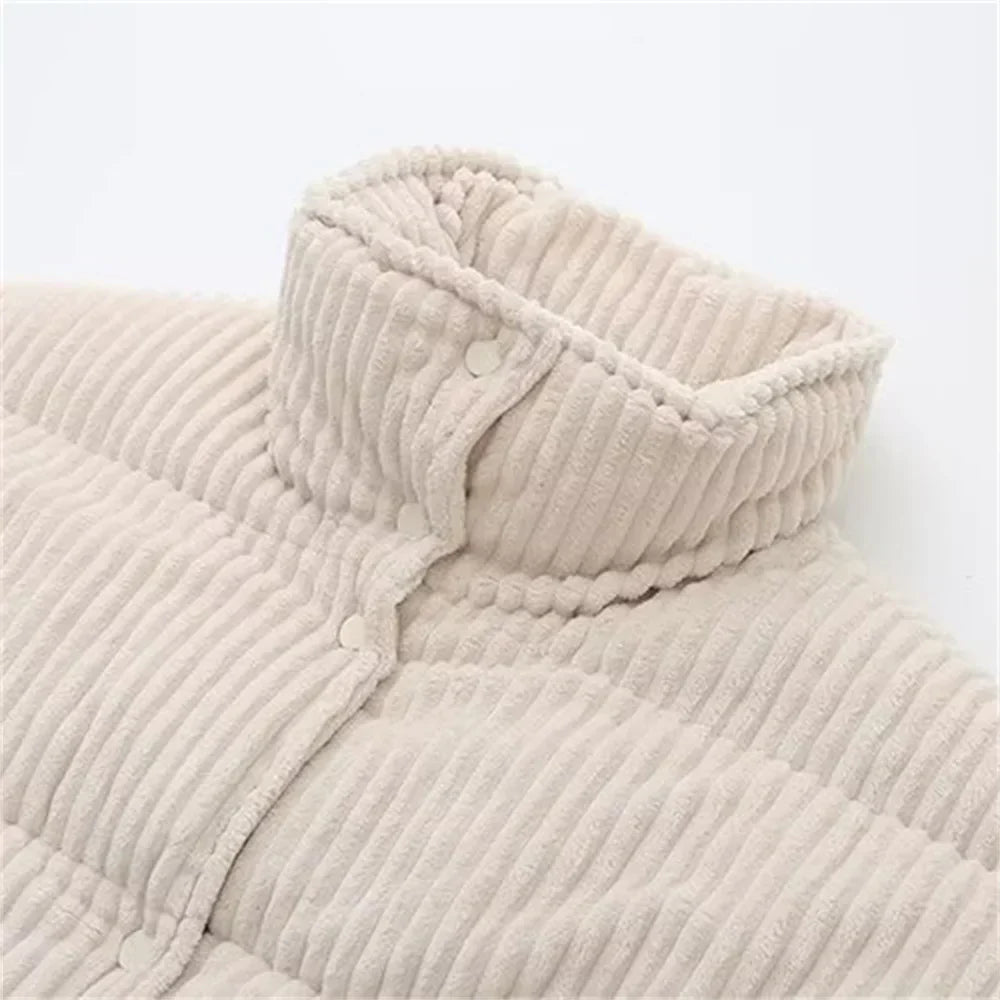 Women's Corduroy Puffer Jacket - High Neck - Quilted Warm Insulated - Zip Closure