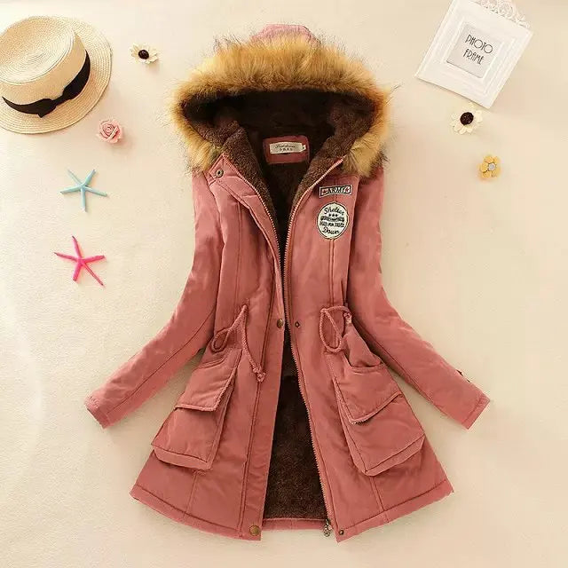 Women's Cotton Padded Hooded Parka Jacket with Embroidery - Various Colors