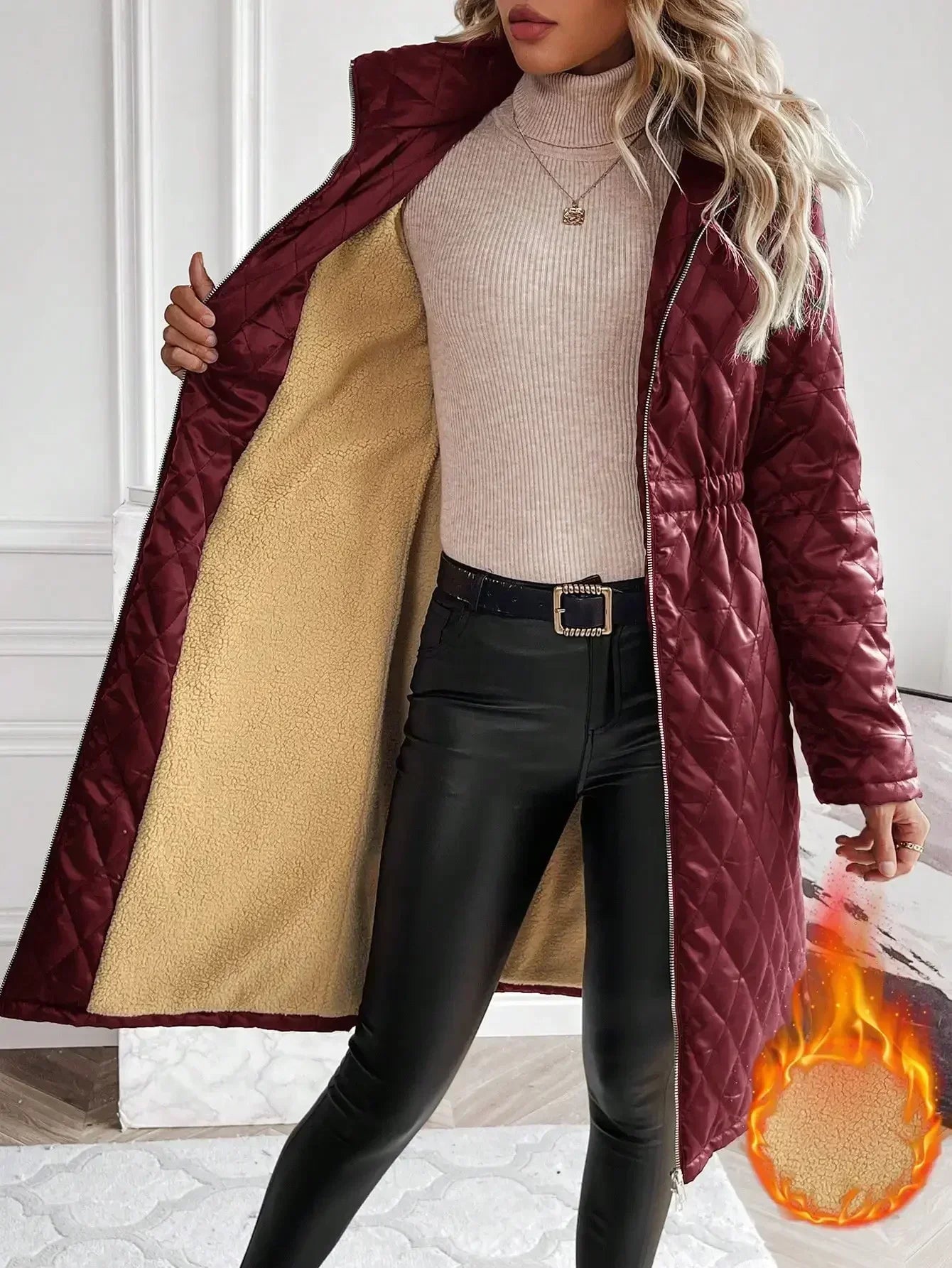 Women's Quilted Long Coat - Knee Length - Fitted Waist - Full Zip - Stand Collar