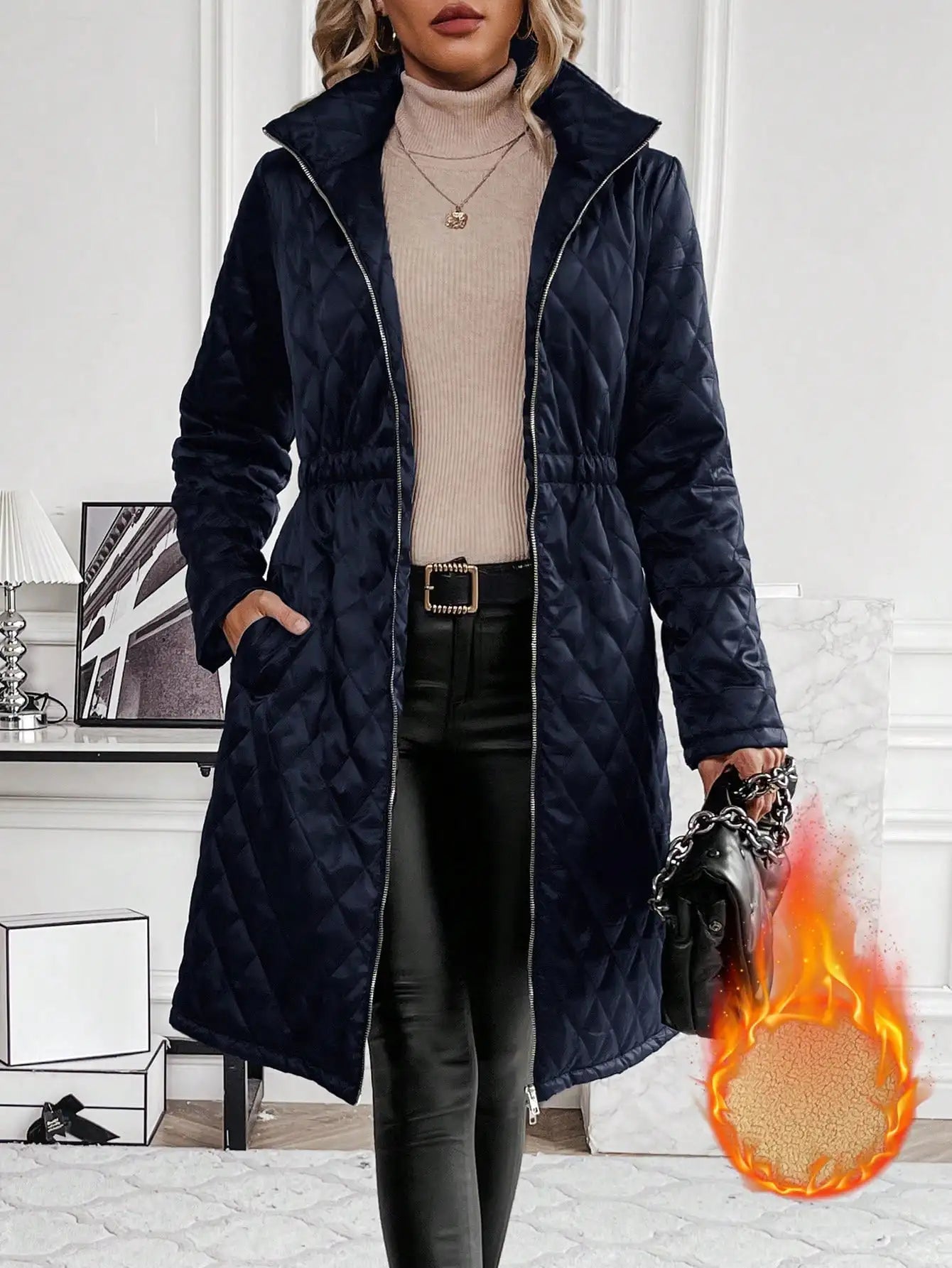 Women's Long Quilted Coat - Hooded - Warm Fleece Lining - Full Zip Closure