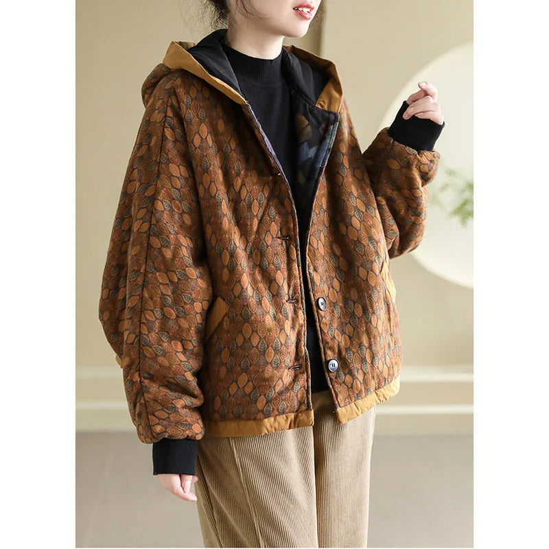 Women's Thick Quilted Cotton Jacket - Loose Fit, Retro Style, Hooded