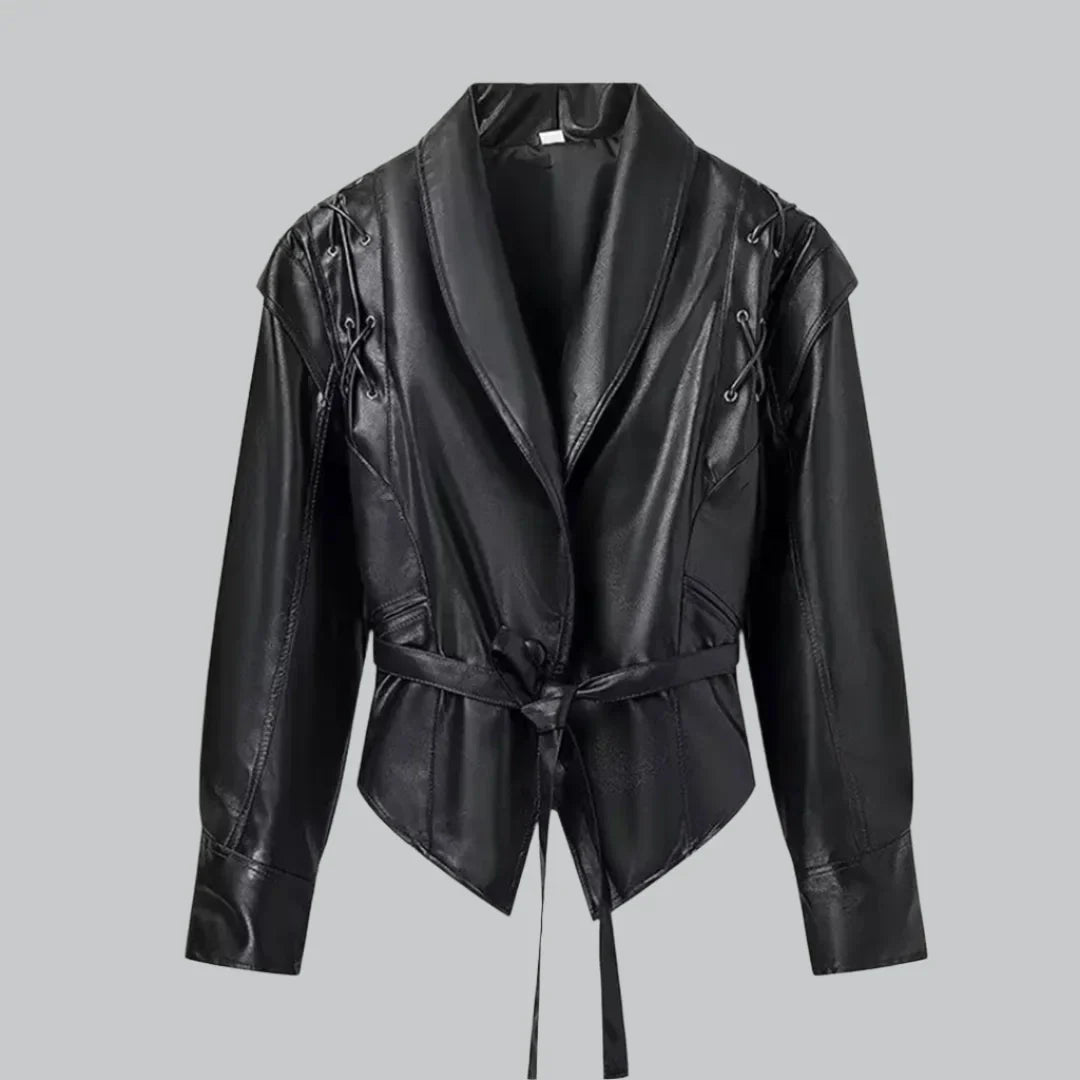 Women's Leather Jacket - Tailored Fit - Wrap Front with Tie Belt - Padded Shoulders