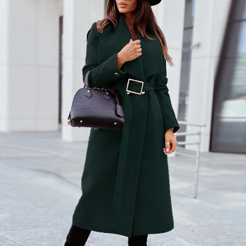 Women's Belted Wrap Coat - Tailored Fit - Knee Length - Notched Lapel Wool Blend