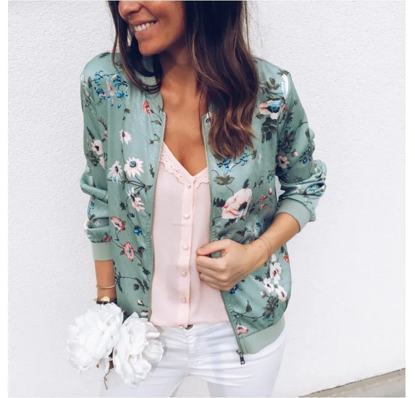 Women's Slim Floral Printed Zipper Jacket - Various Designs