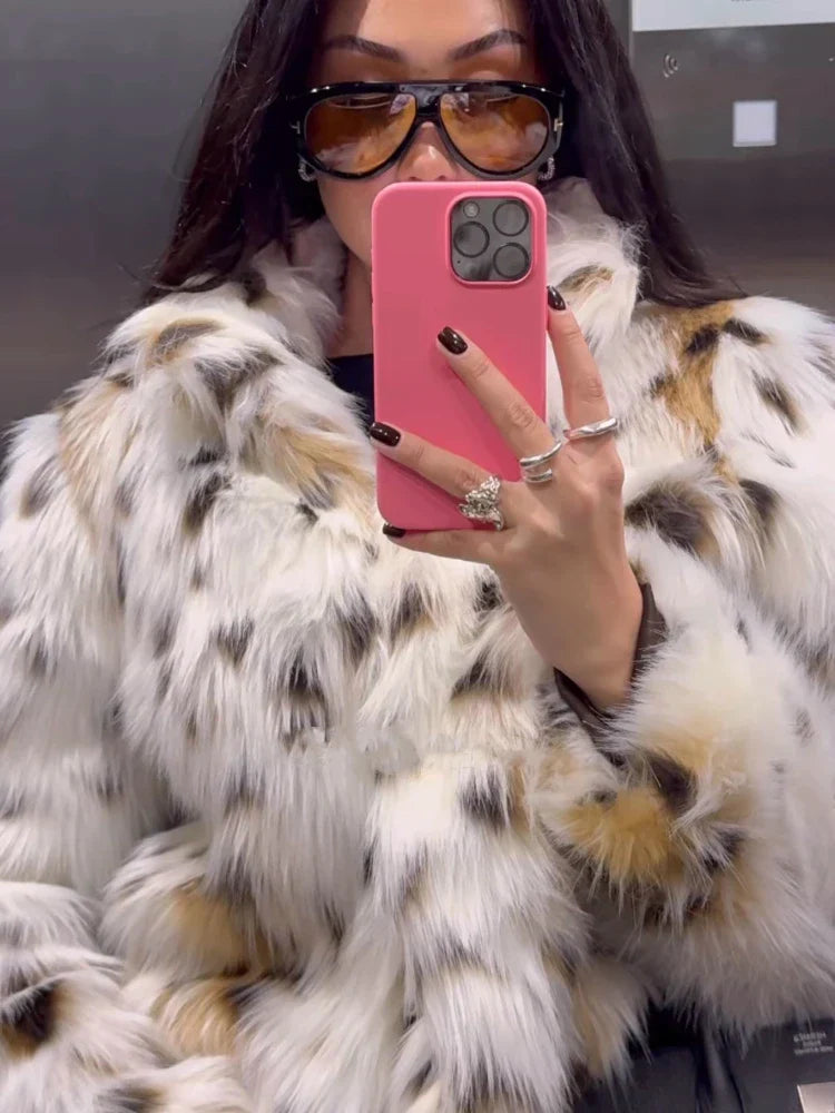 Women's Faux Fur Jacket - Animal Print - High Collar - Cropped Length - Relaxed Fit