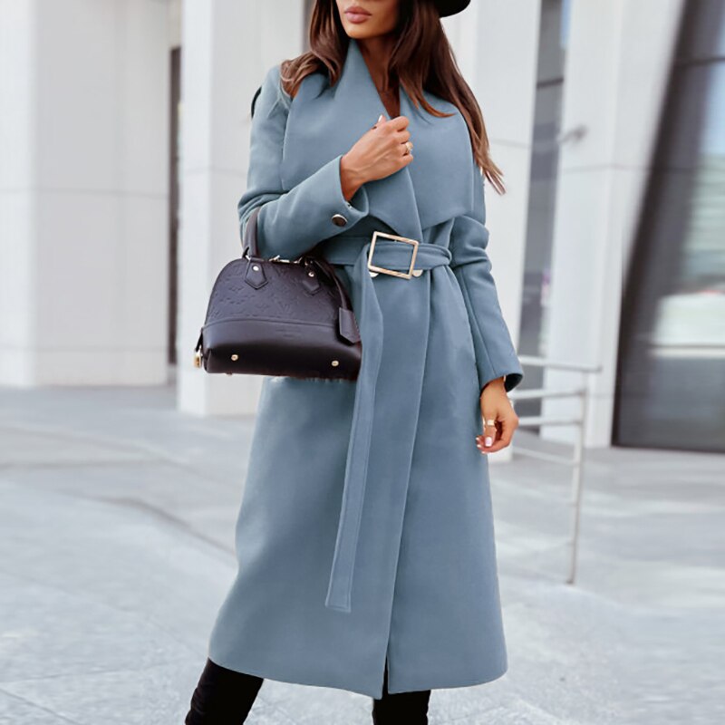 Women's Belted Wrap Coat - Tailored Fit - Knee Length - Notched Lapel Wool Blend