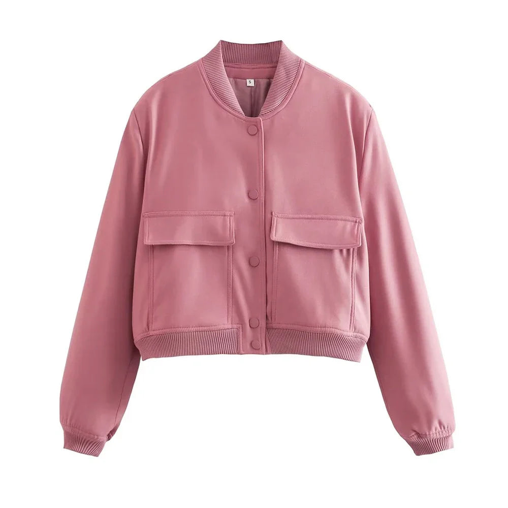 TRAF Long Sleeve Women's Front Button Jacket with Vintage Style and Pockets