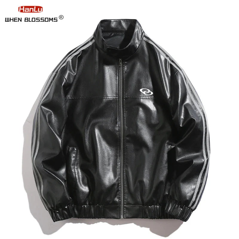 Unisex Black PU Leather Jacket with Metallic Print