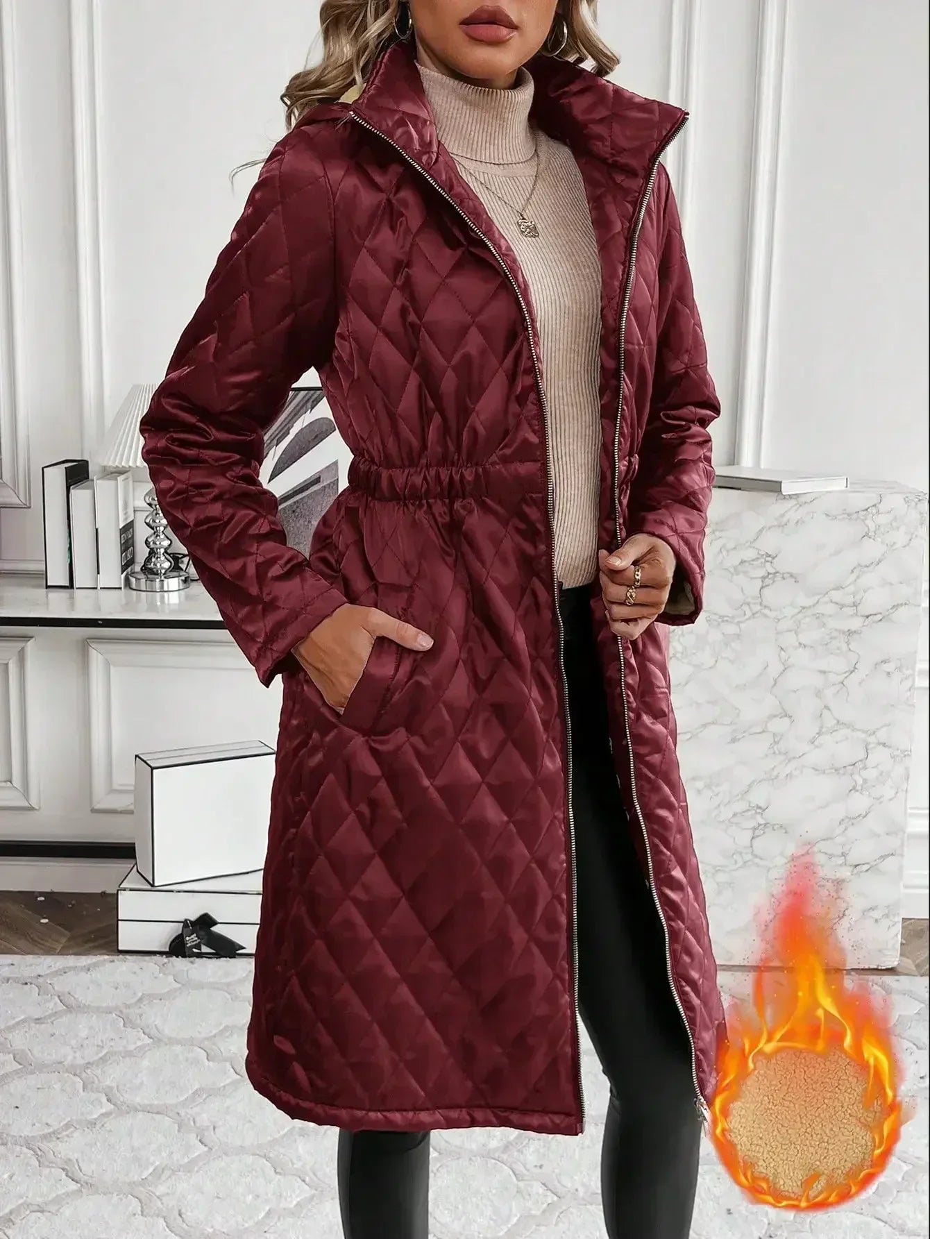 Women's Quilted Long Coat - Knee Length - Fitted Waist - Full Zip - Stand Collar