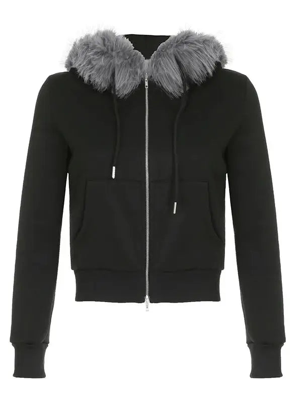 Women's Faux Fur Patchwork Hooded Jacket with Letter Embroidery and Zipper