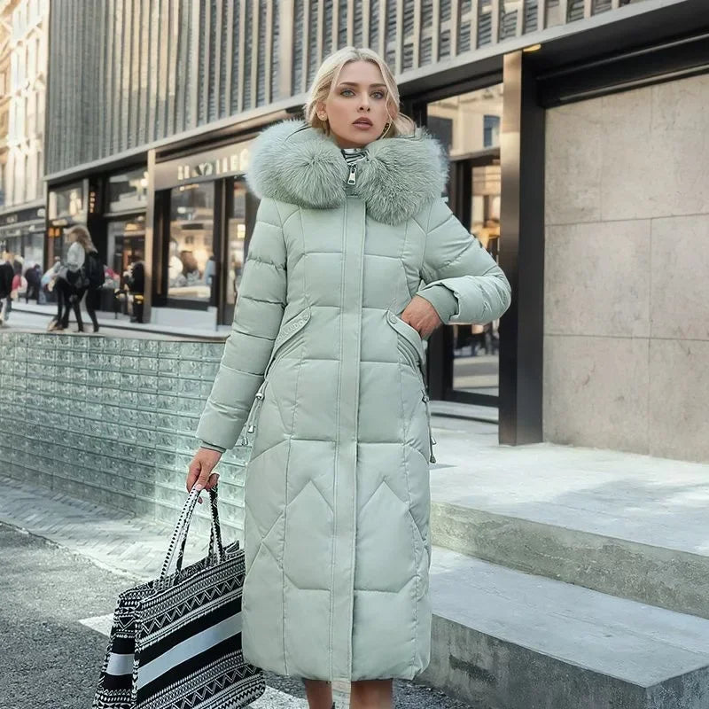 Quilted hooded parka with faux fur collar for women