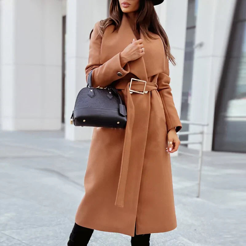 Women's Belted Wrap Coat - Tailored Fit - Knee Length - Notched Lapel Wool Blend