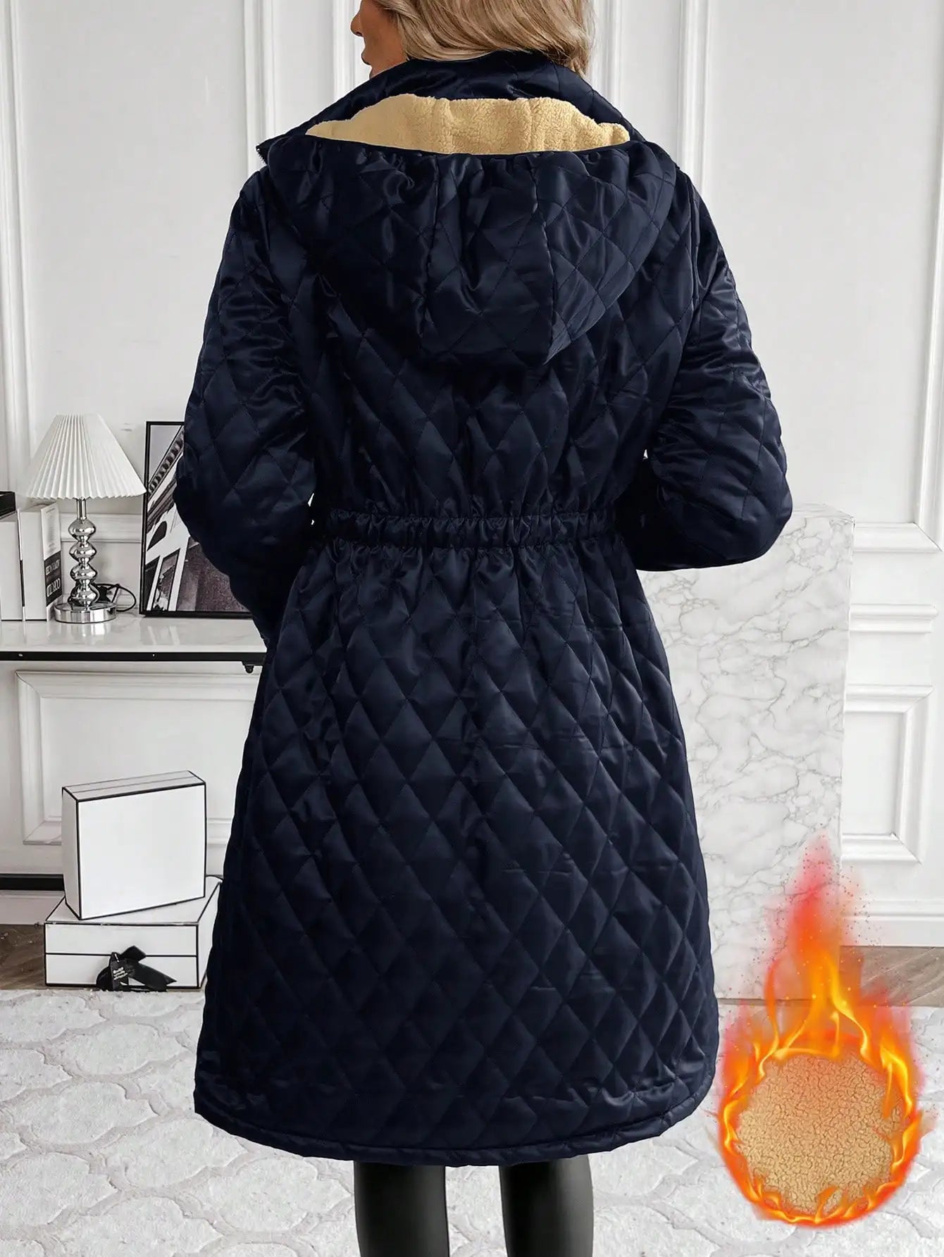 Women's Long Quilted Coat - Hooded - Warm Fleece Lining - Full Zip Closure