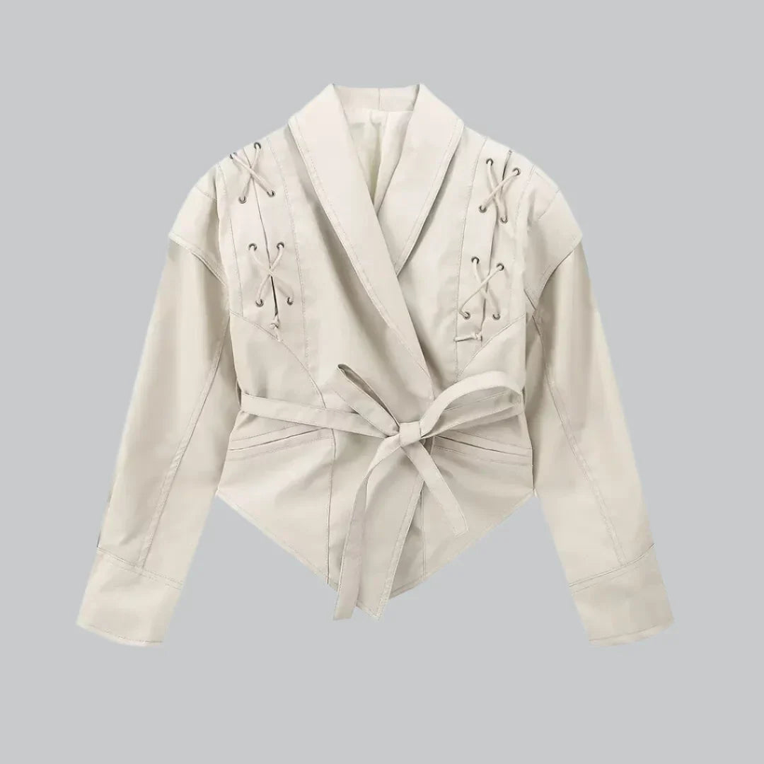 Women's Leather Jacket - Tailored Fit - Wrap Front with Tie Belt - Padded Shoulders