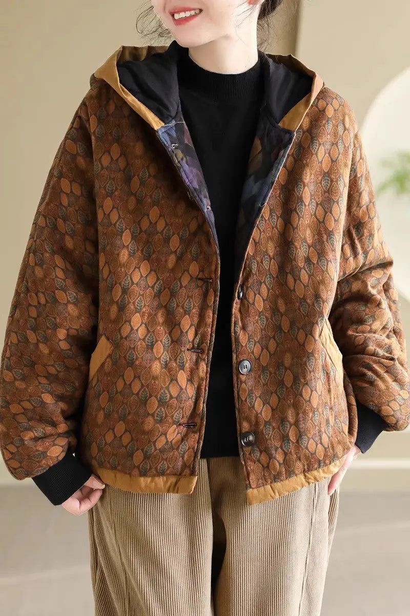 Women's Thick Quilted Cotton Jacket - Loose Fit, Retro Style, Hooded