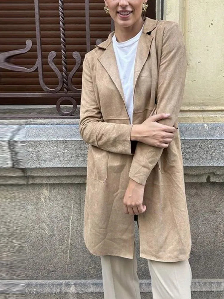Open front mid-length suede windproof coat for women