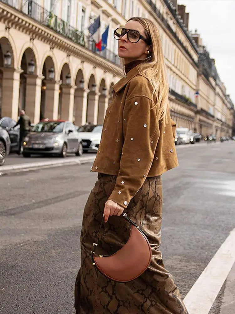 Women's Cropped Suede Jacket - Studded Design - Zip Closure - Point Collar