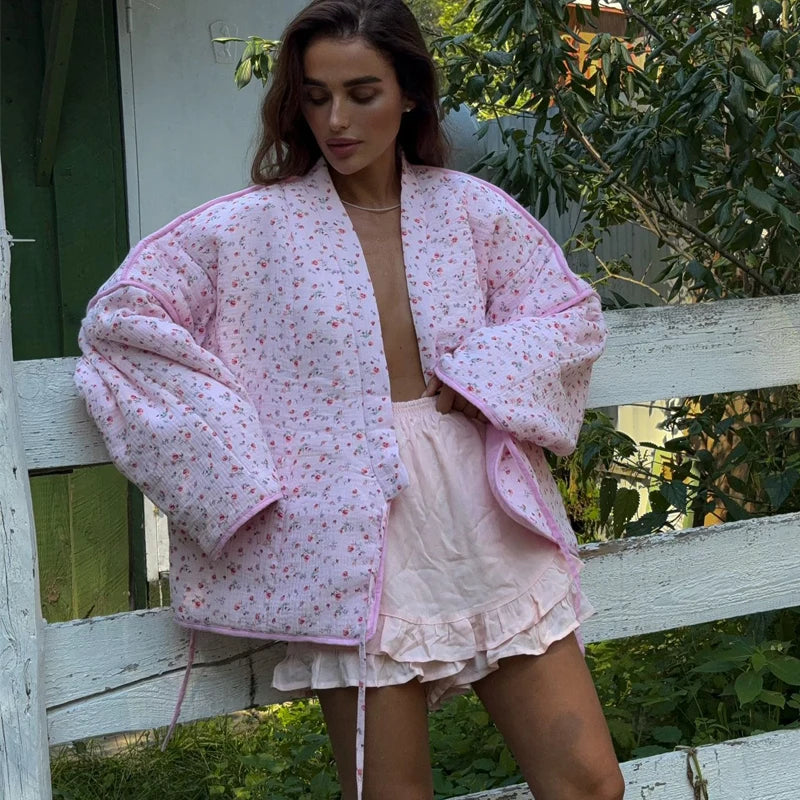 Floral Print Loose-Fit Pink Lace-Up Jacket for Women