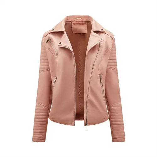 Women's Faux Leather Zipper Jacket with Front Pocket