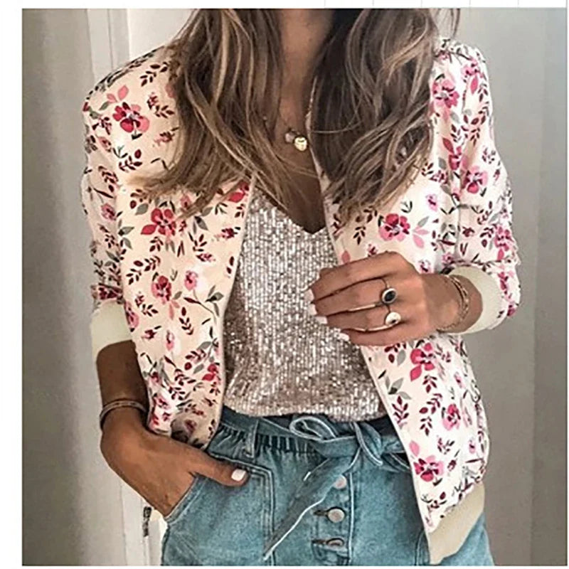 Women's Slim Floral Printed Zipper Jacket - Various Designs