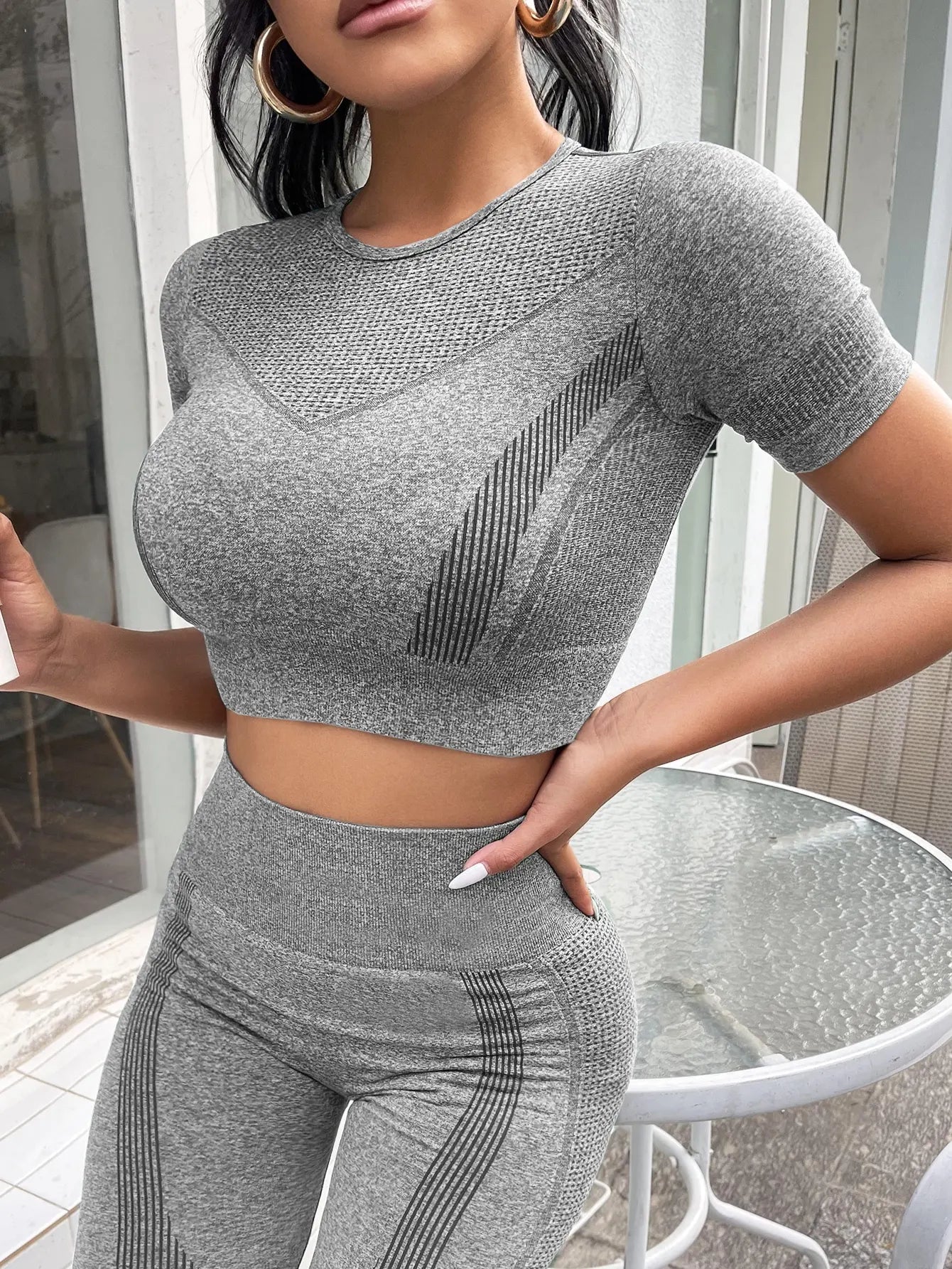 2-Piece Set: Short Sleeve Top and High-Waisted Tummy Control Long Pants Sportswear