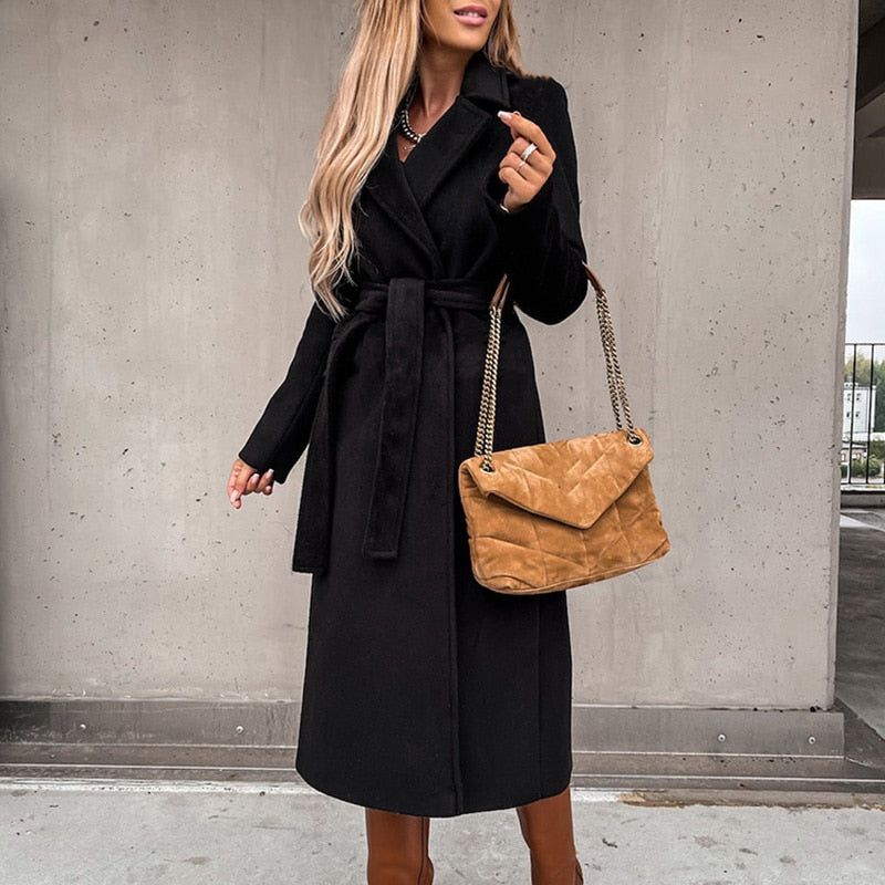 Women's Belted Wrap Coat - Tailored Fit - Knee Length - Notched Lapel Wool Blend