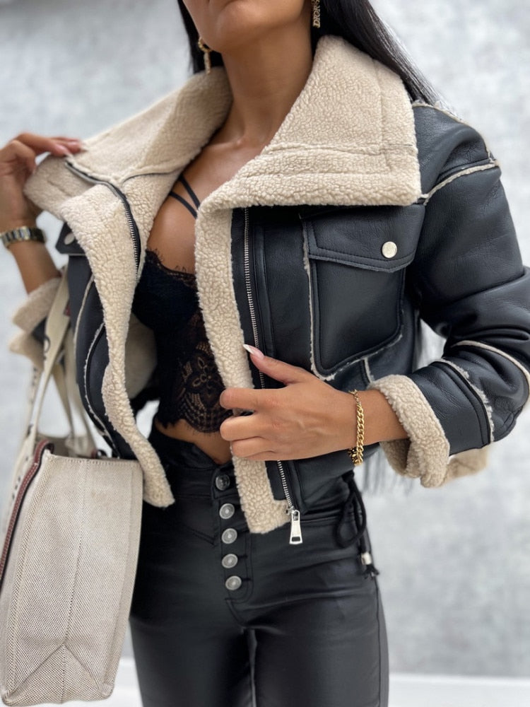 Women's Aviator Jacket - Faux Leather & Shearling - Cropped Fit - Zip Detailing